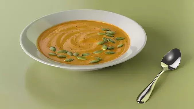 Creamy Pumpkin Soup with Pumpkin Seeds and Spoon 3D model