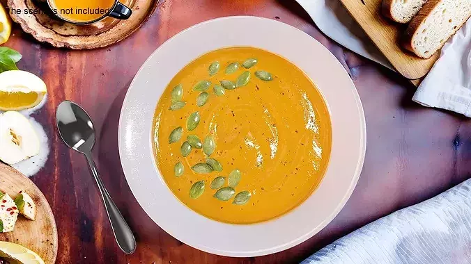 Creamy Pumpkin Soup with Pumpkin Seeds and Spoon 3D model 4