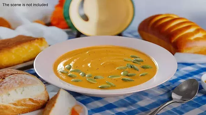 Creamy Pumpkin Soup with Pumpkin Seeds and Spoon 3D model 3