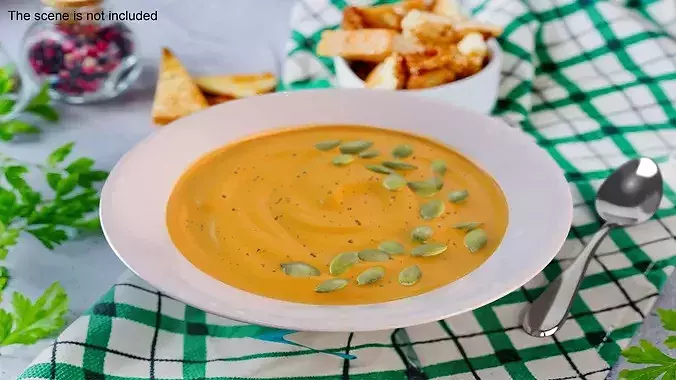 Creamy Pumpkin Soup with Pumpkin Seeds and Spoon 3D model 5