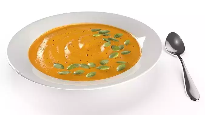 Creamy Pumpkin Soup with Pumpkin Seeds and Spoon 3D model 2