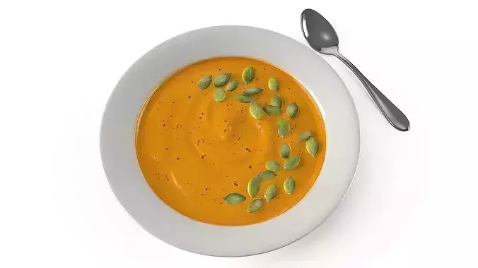 Creamy Pumpkin Soup with Pumpkin Seeds and Spoon 3D model 6