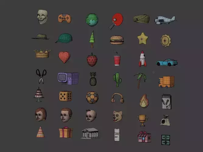 Cartoon Icons Pack - Vehicle Tree Fruit Mask Hat IT AD Business Low-poly 3D model 6