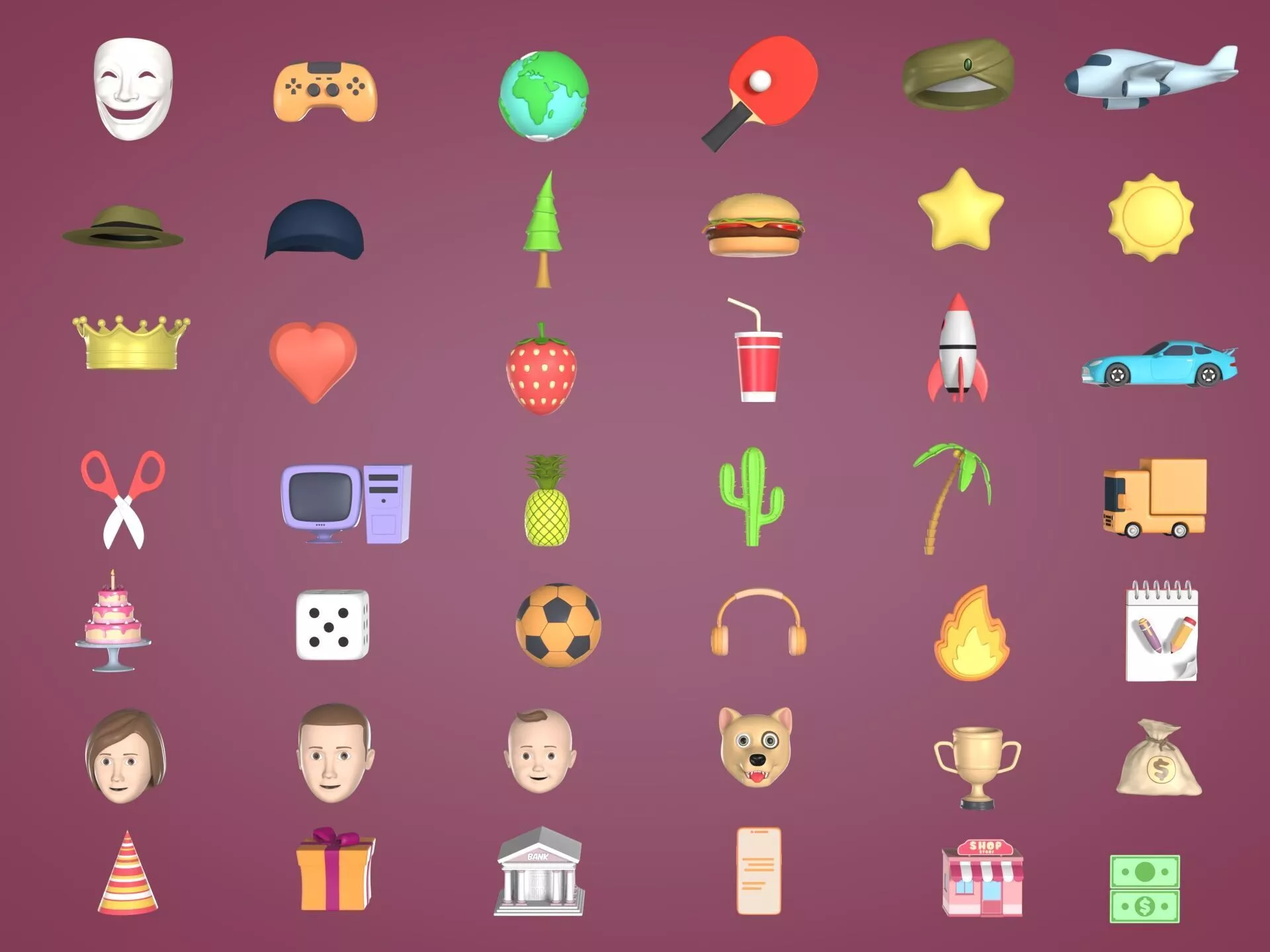 Cartoon Icons Pack - Vehicle Tree Fruit Mask Hat IT AD Business Low-poly 3D model