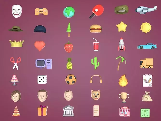 Cartoon Icons Pack - Vehicle Tree Fruit Mask Hat IT AD Business Low-poly 3D model
