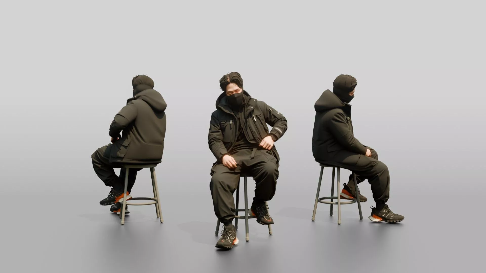 Techwear Man Relaxing on a Stool 3D model