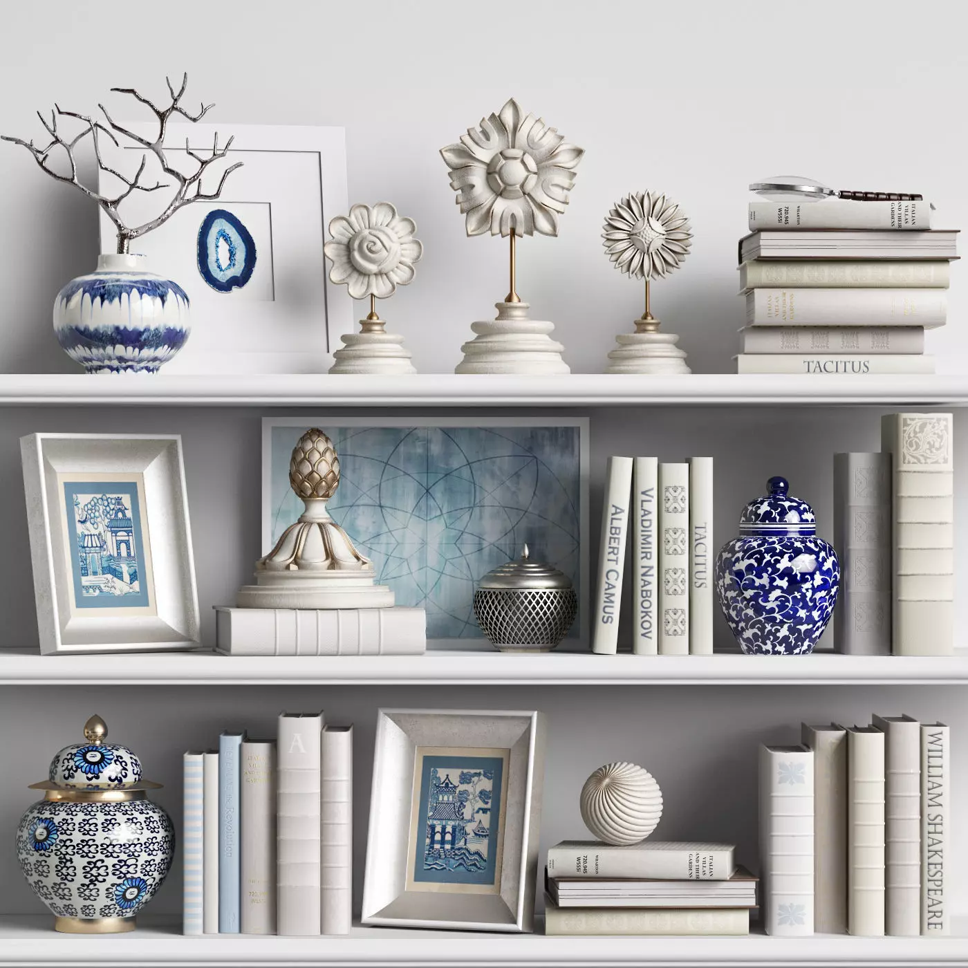 Decor Set 6 bookshelves with vases 3D model_0