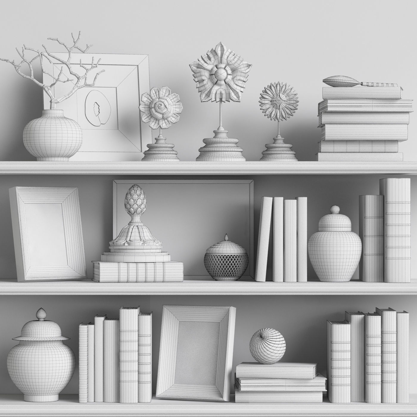 Decor Set 6 bookshelves with vases 3D model_5