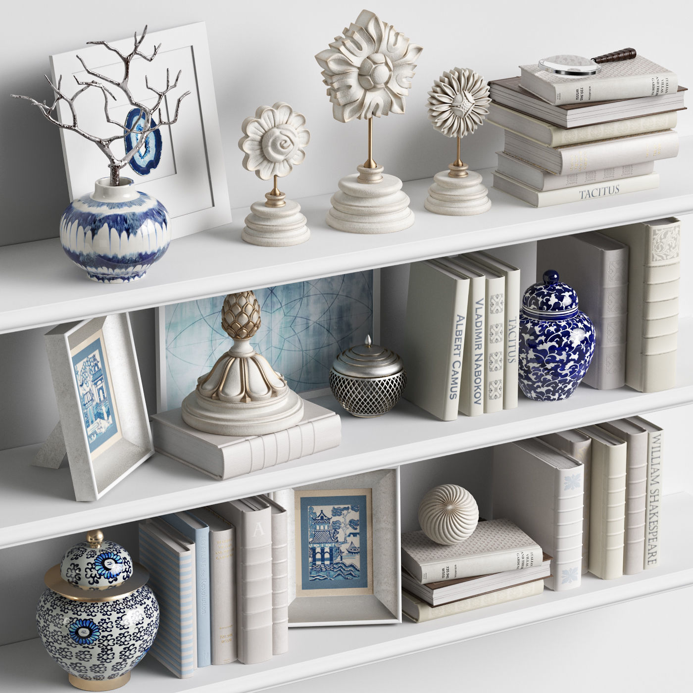 Decor Set 6 bookshelves with vases 3D model_3