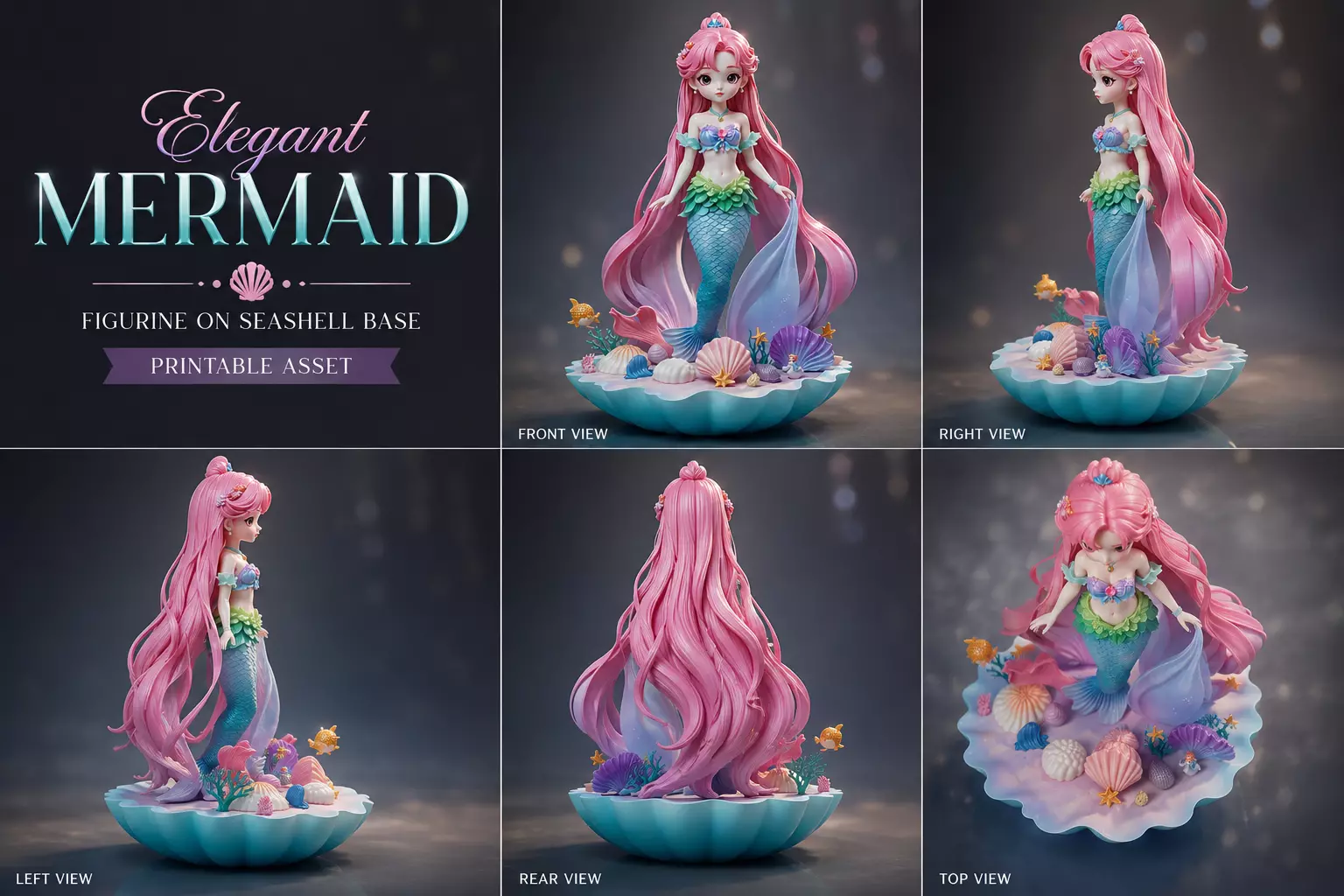 Elegant Coral Mermaid Figurine on Seashell Base Printable 3D print model