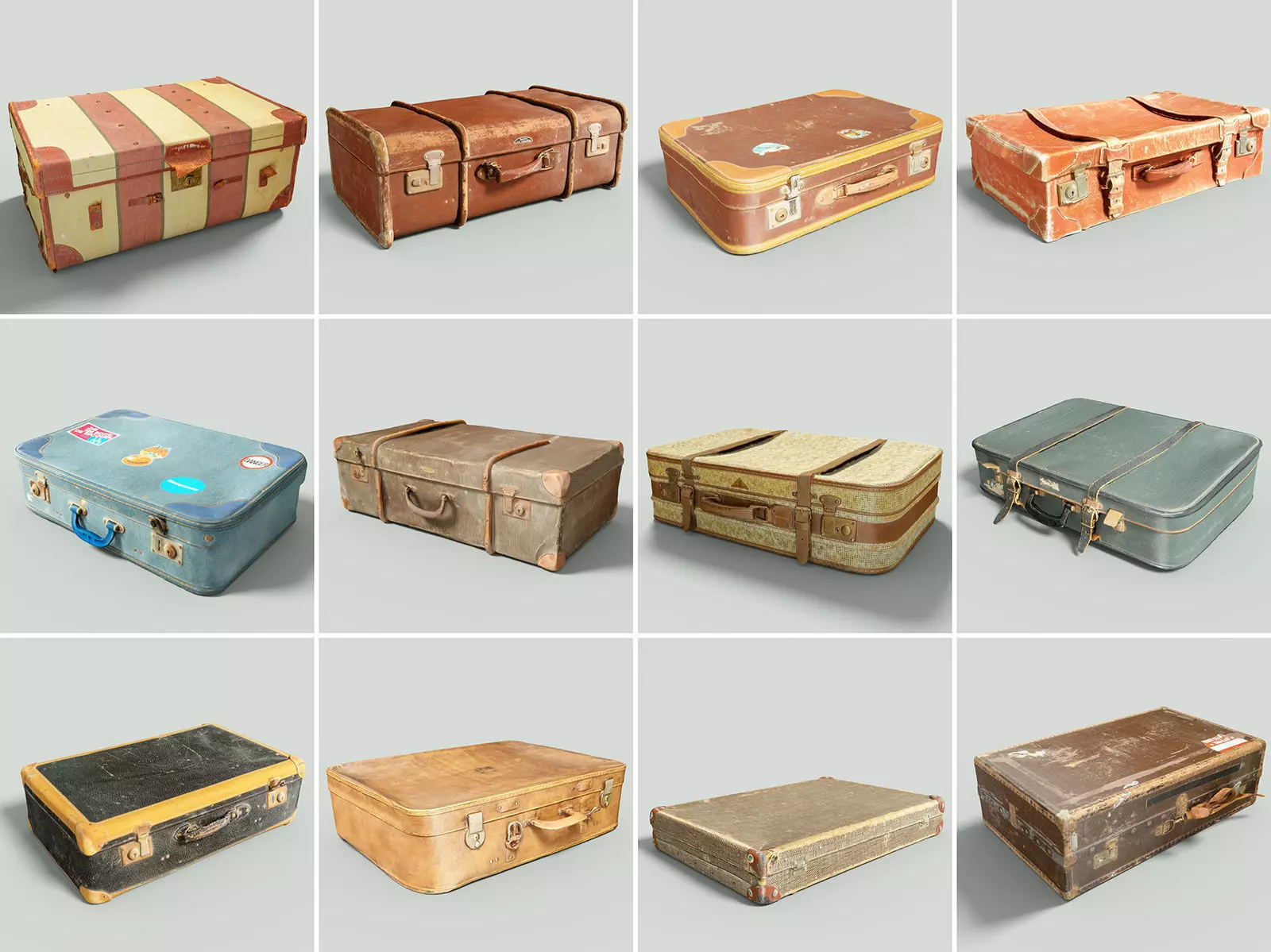 12 Vintage Suitcases Retro Valise Collection Low-poly 3D model_0