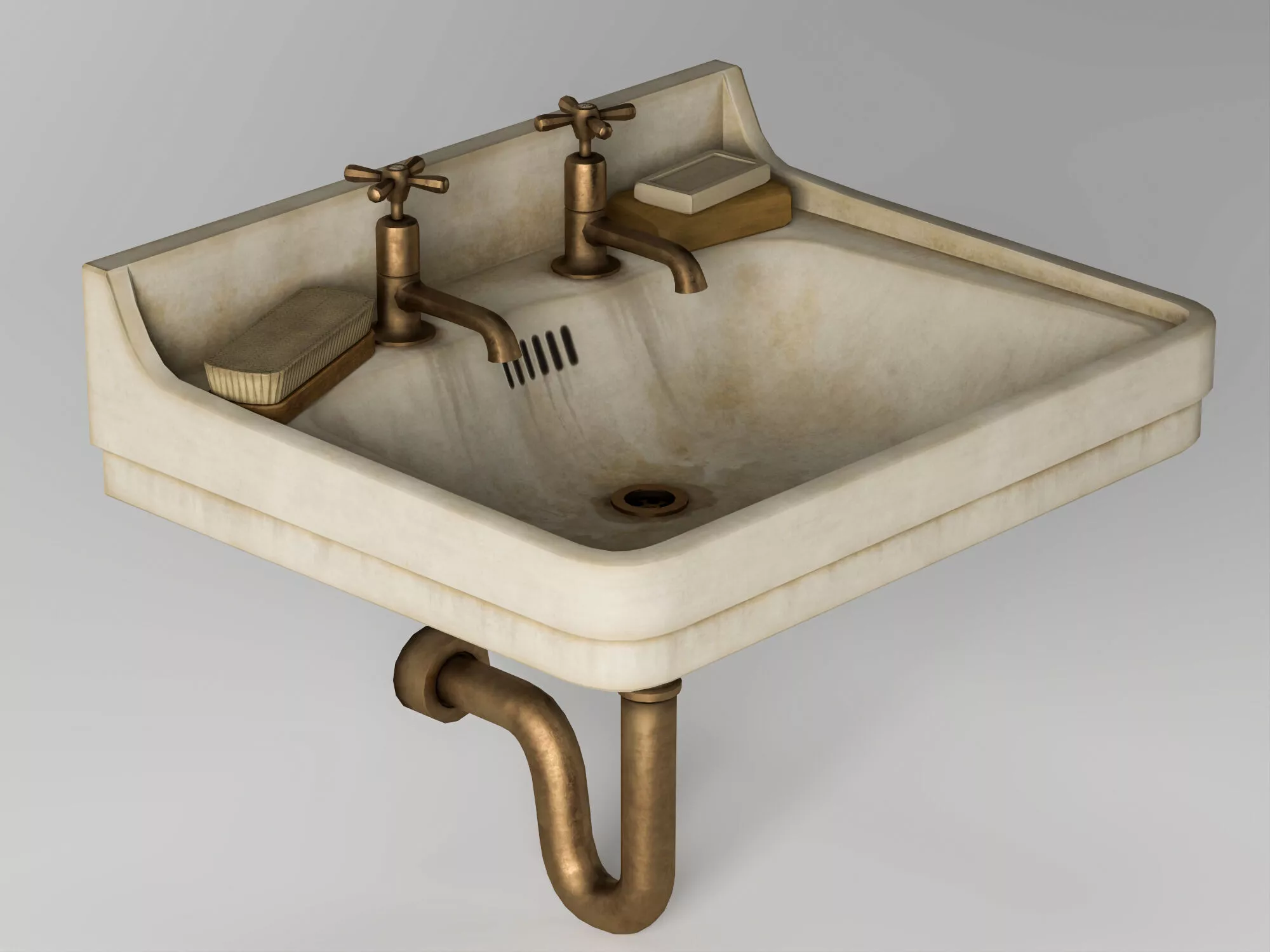 Vintage Wall Mounted Ceramic Utility Sink with Brass Faucet Low-poly 3D model