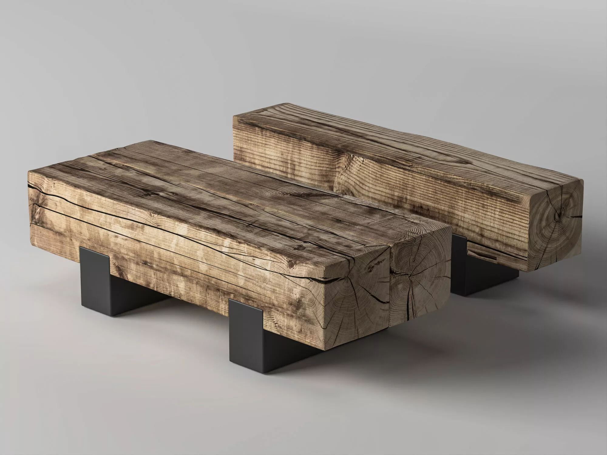 Rustic Reclaimed Wood Bench Set with Metal Legs Low-poly 3D model