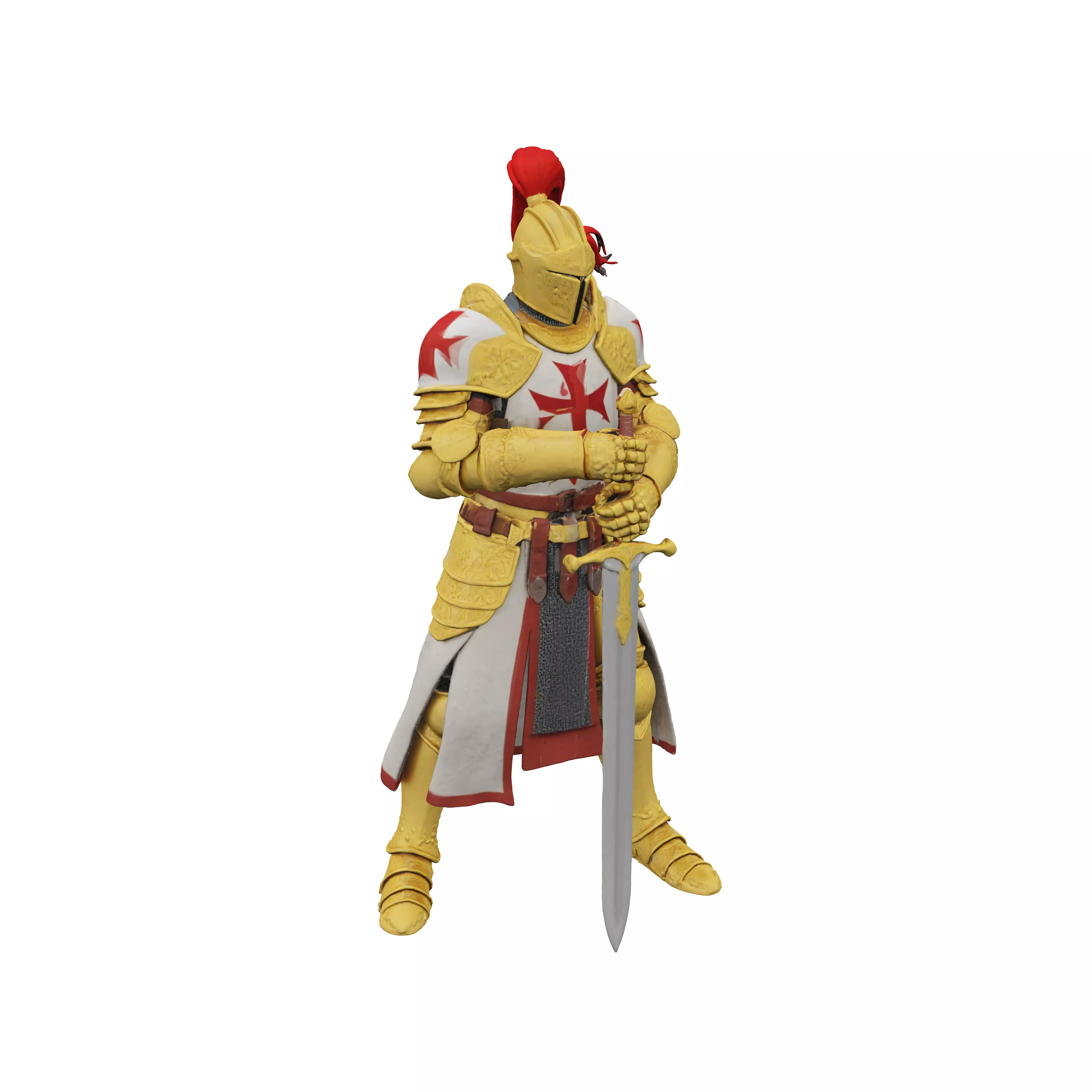 Knight in golden armour with a crusader cross red on white ho... 3D model