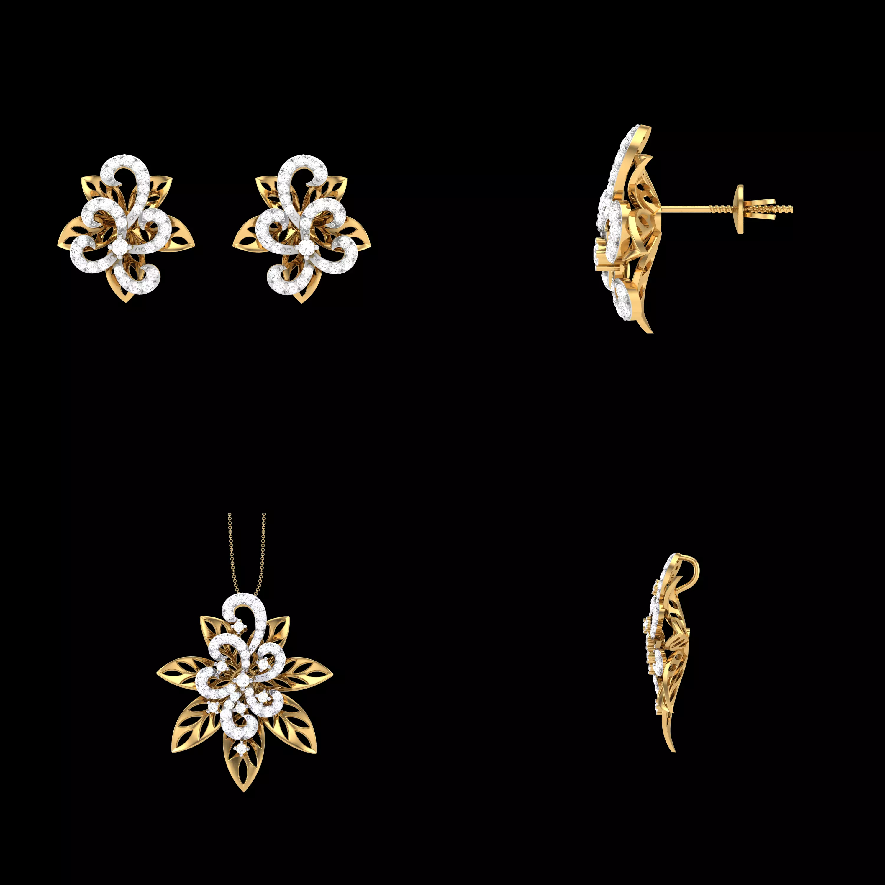 Floral Diamond Pendant Earrings CAD Set STL 3DM Jewelry Model 3D print model
