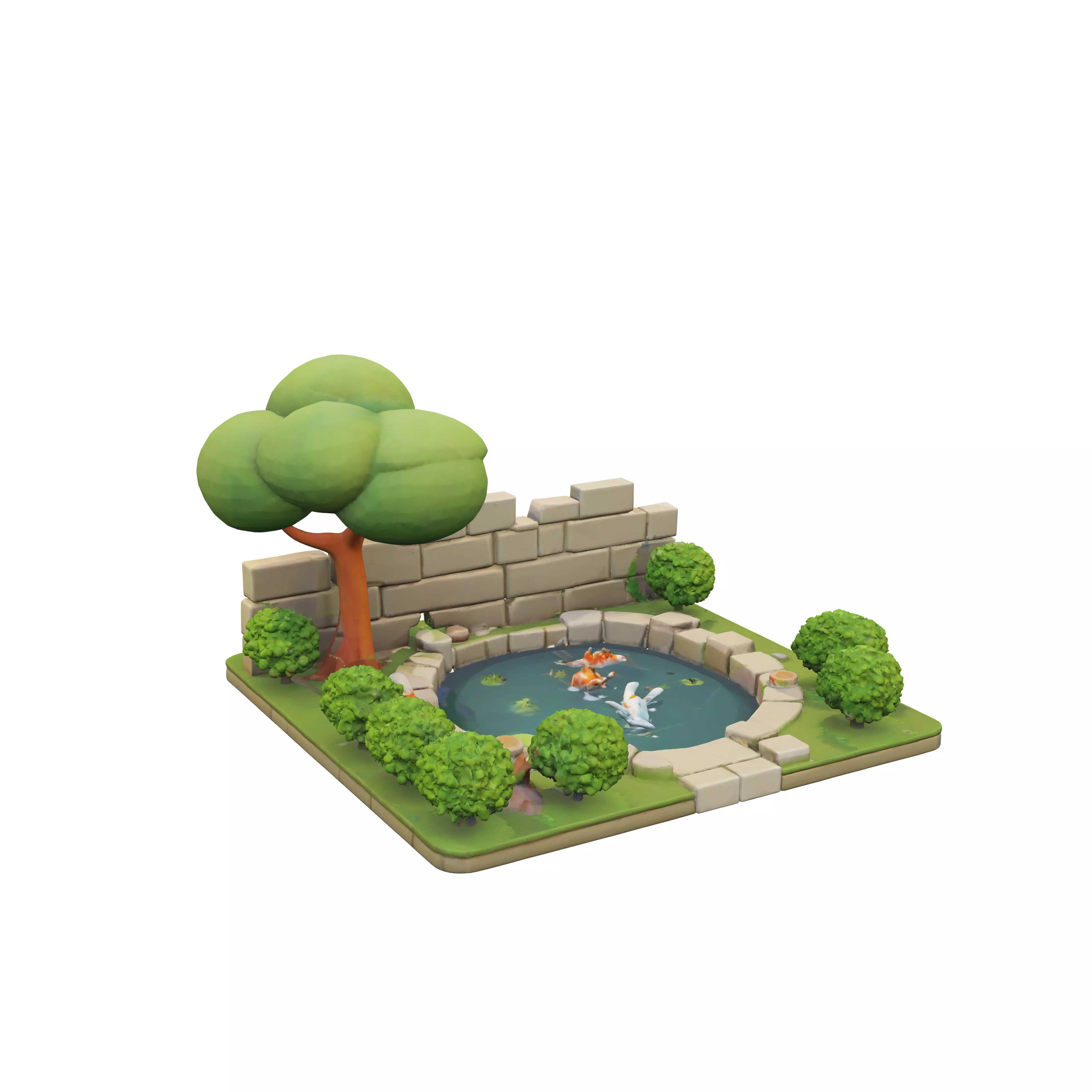 low poly garden scene with bushes a tree and a koi pond keep ... 3D model