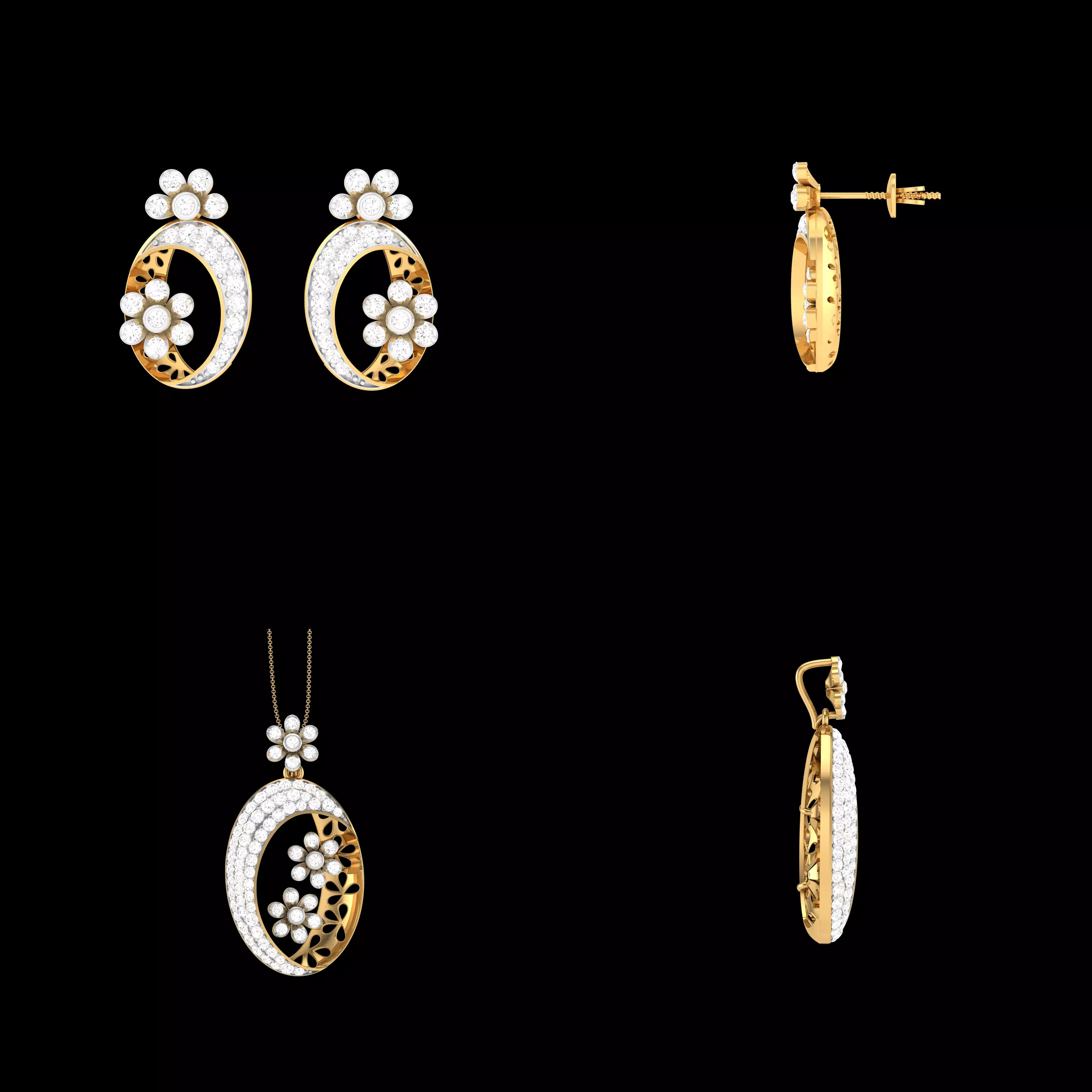 Floral Oval Pendant Earrings CAD Jewelry Set STL 3DM Model 3D print model