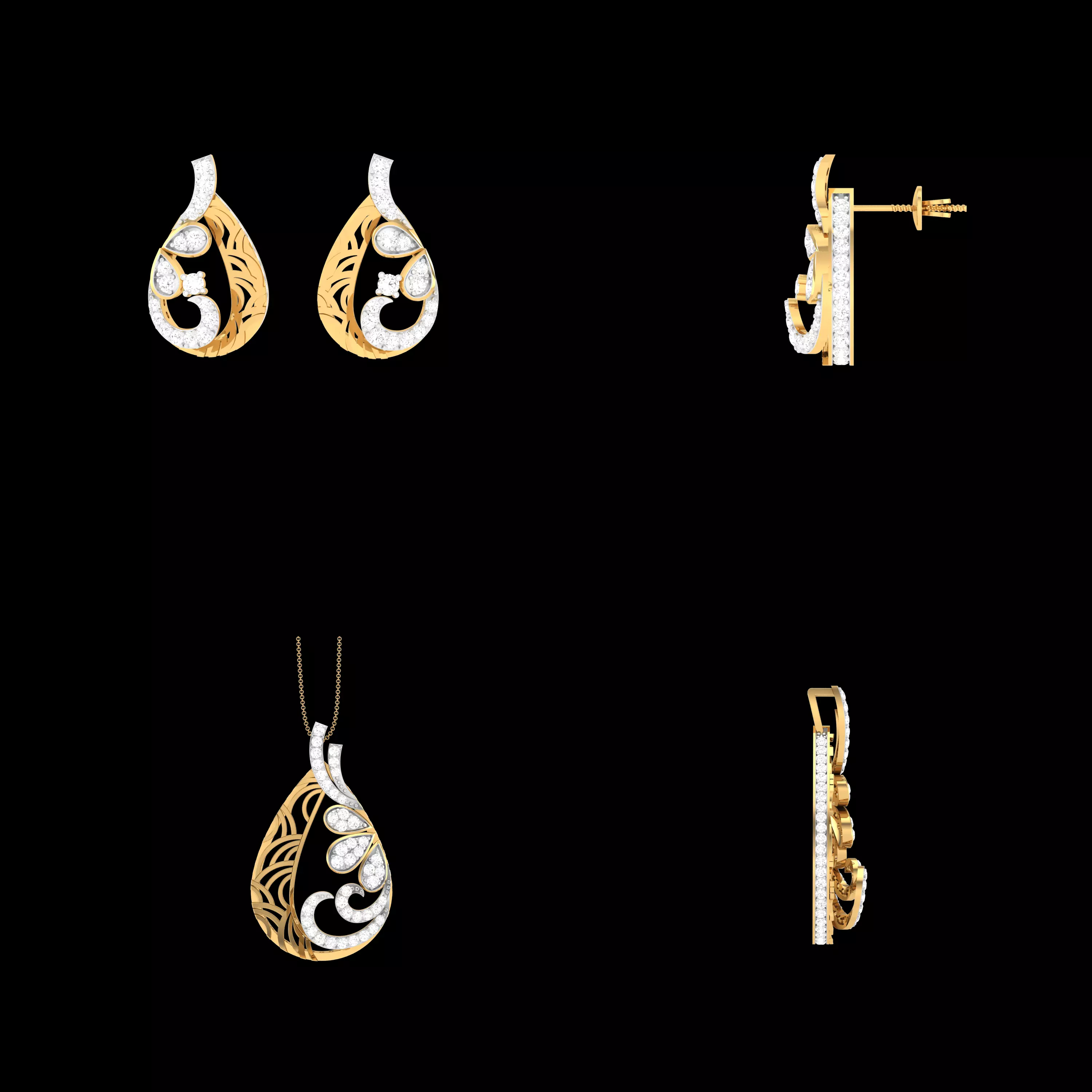 Designer Teardrop Pendant Earrings CAD Set STL 3DM Jewelry Model 3D print model