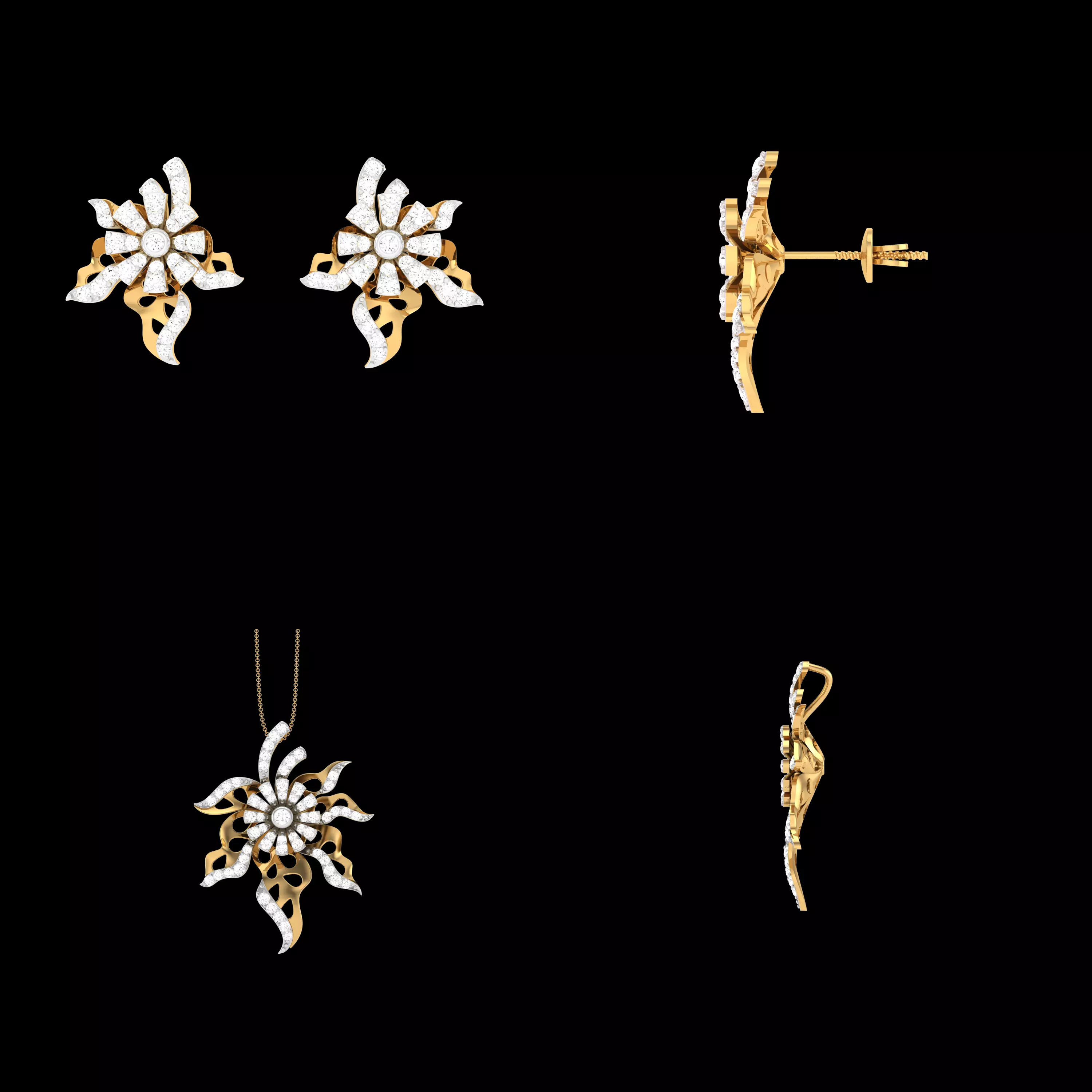 Luxury Floral Pendant Earrings CAD Set STL 3DM Jewelry Model 3D print model