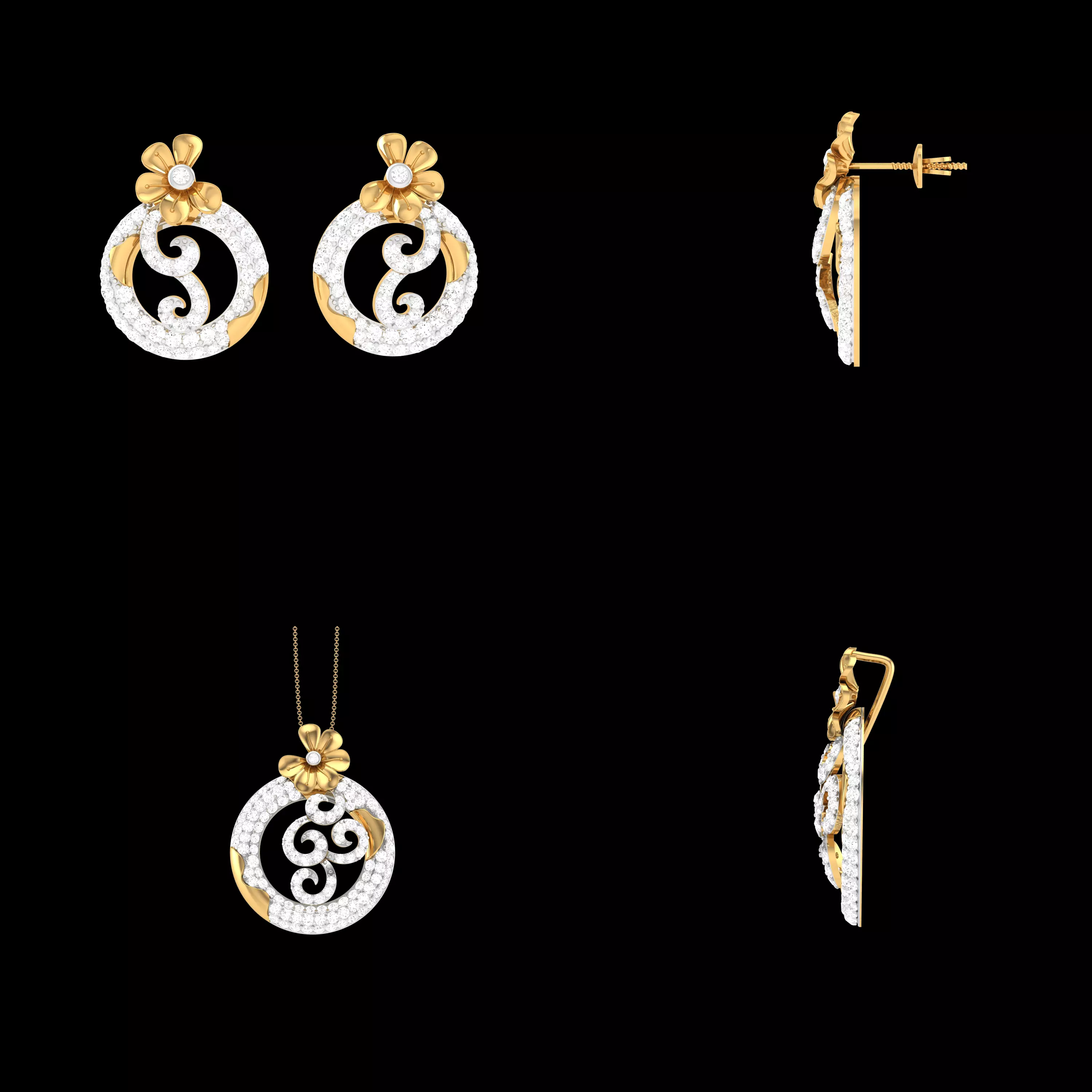 Floral Round Pendant Earrings CAD Set STL 3DM Jewelry Model 3D print model