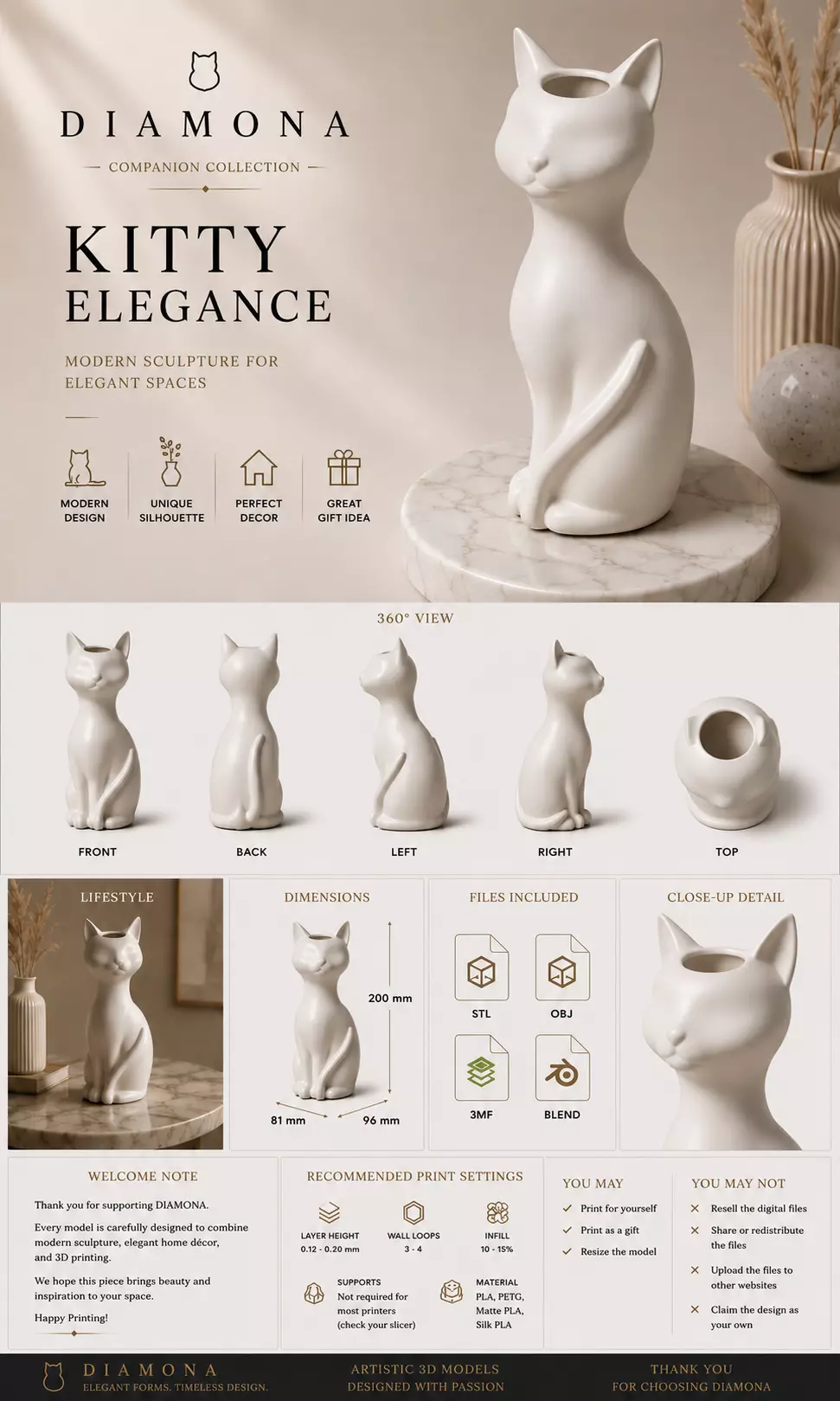 Diamona Kitty Elegance Modern Cat Vase for 3D Printing 3D print model