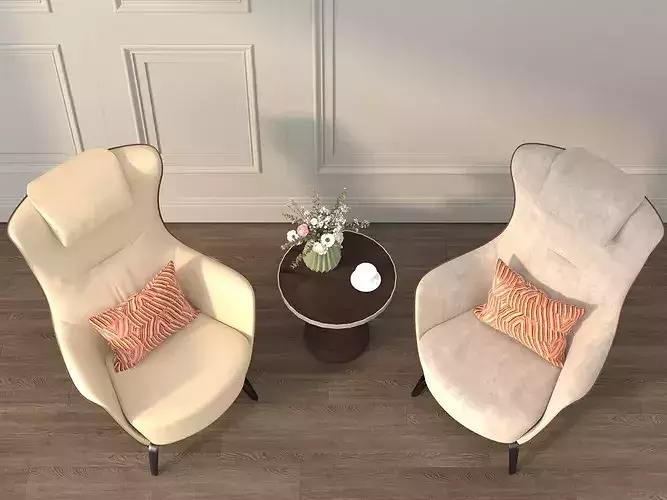 Modern Lounge Chairs Set With Side Table  3D model 2