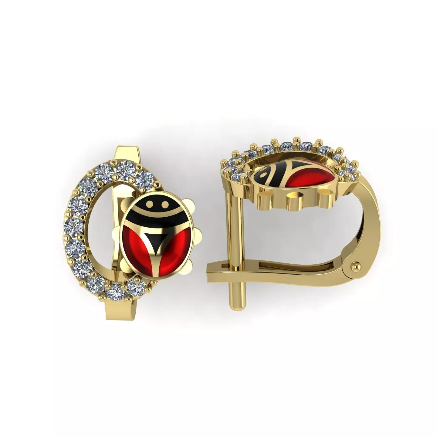Ladybug Diamond Halo Earrings 3D Model Gold Enamel Jewelry 3D print model