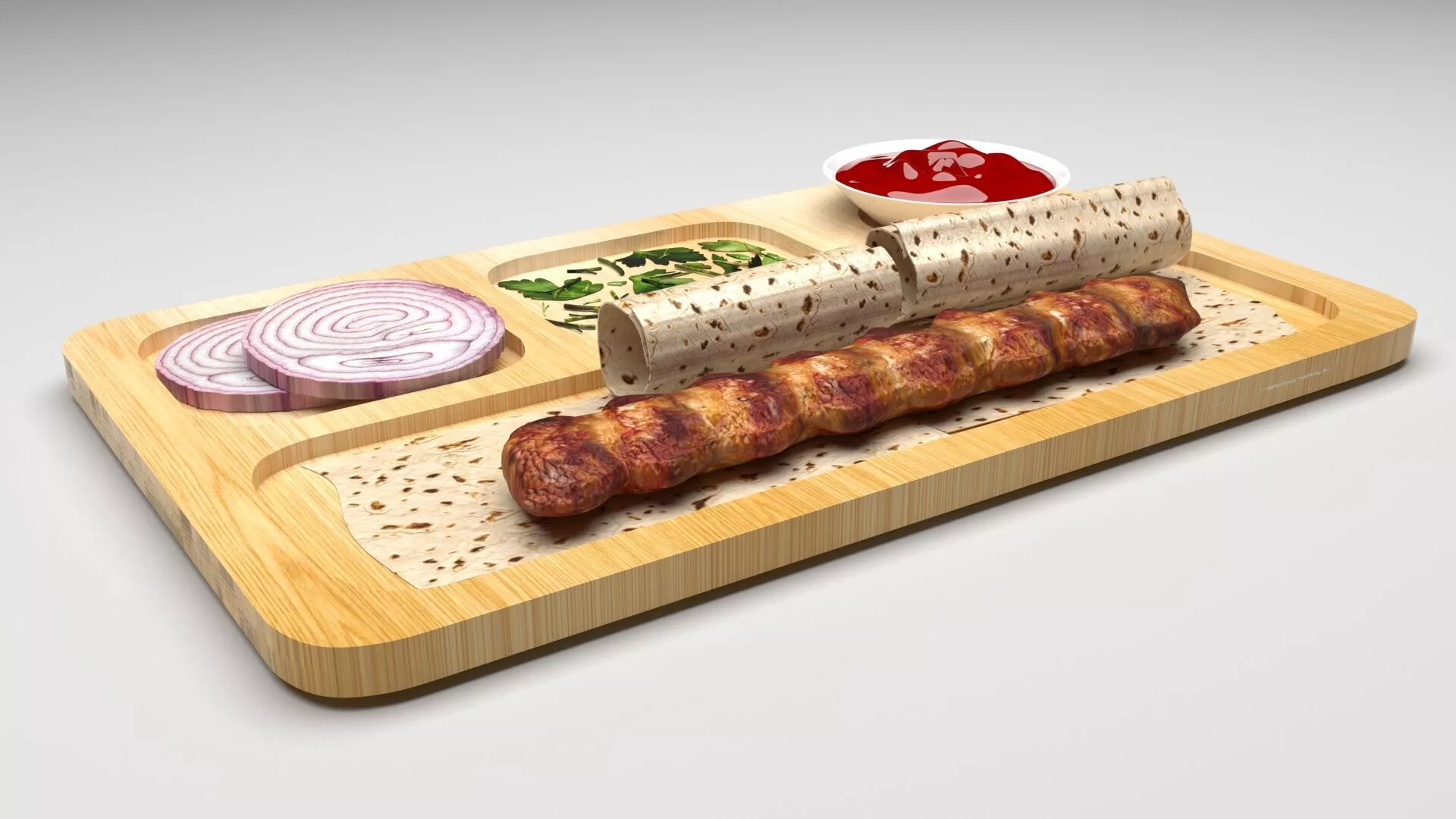 Kebab On Wooden Tray With Ketchup Onions and Parsley 3D model