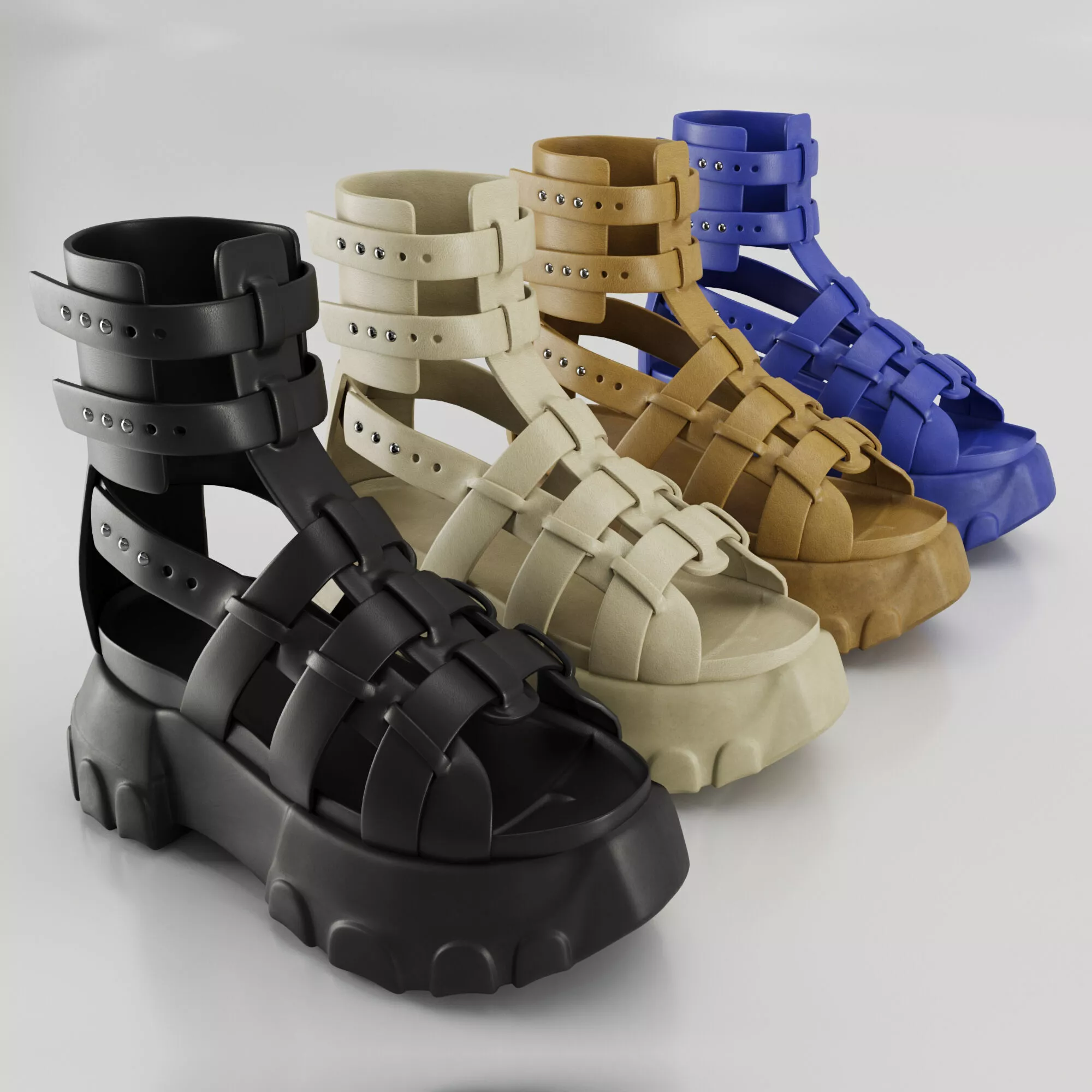 Black leather strappy sandals on platform Low-poly 3D model