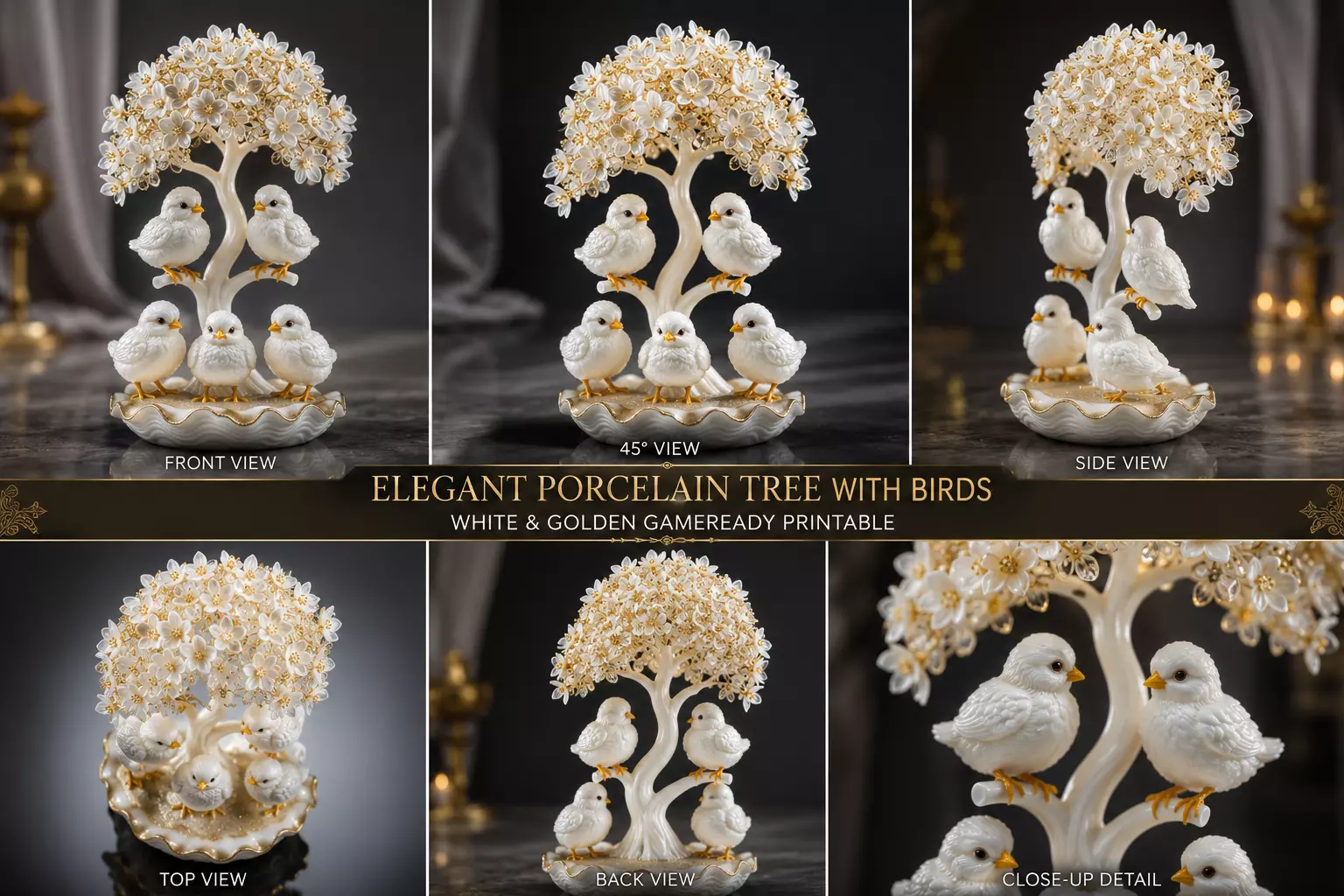 Elegant Porcelain Tree with Birds White-Golden GameReady Print 3D print model