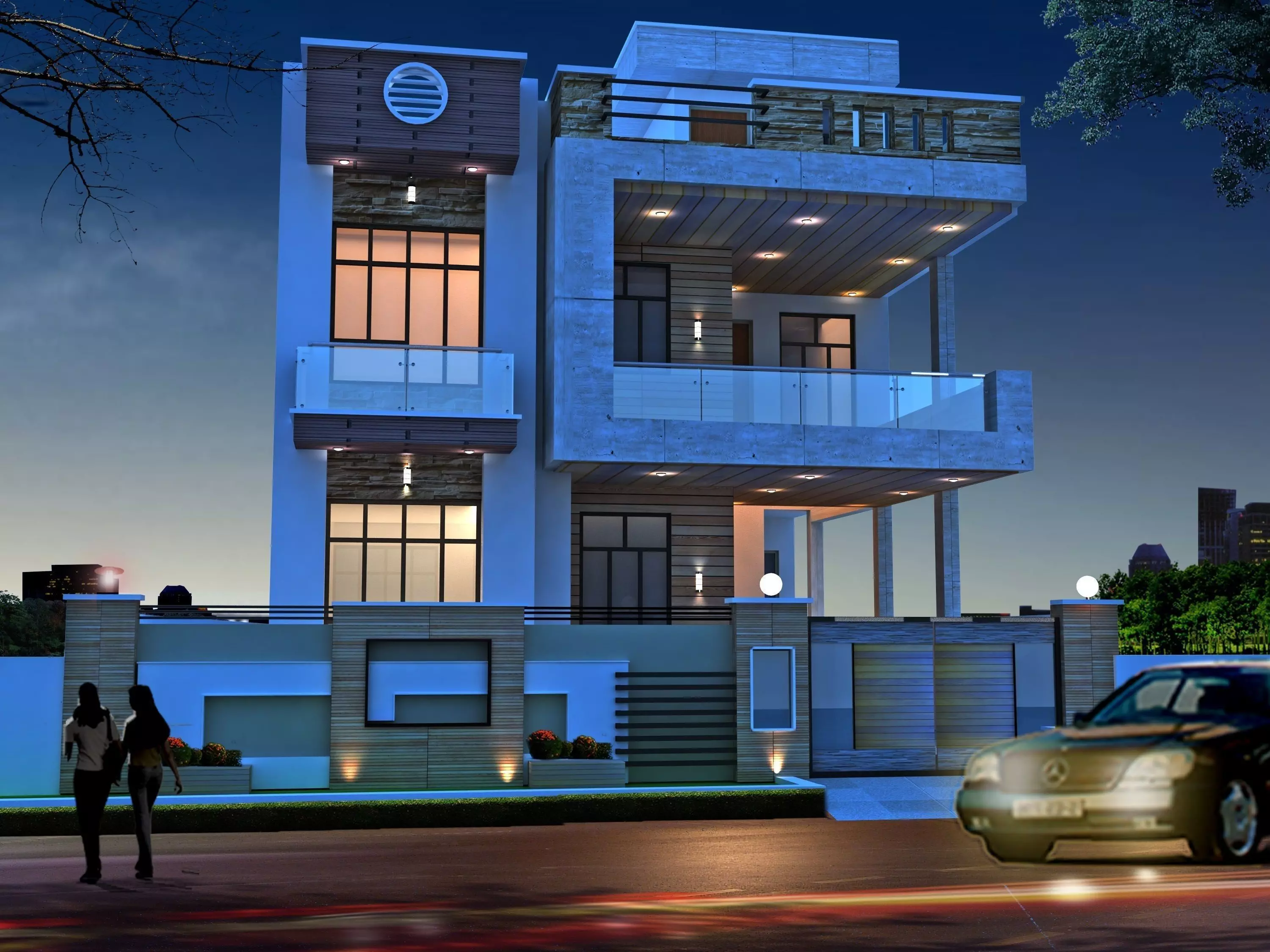 Modern House exterior night view Free 3D model_0