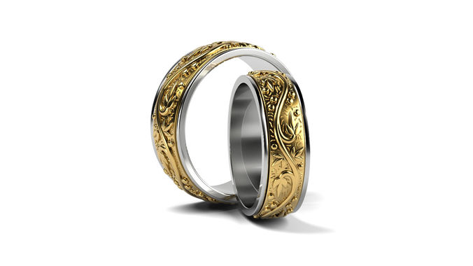Wedding ring with leaf pattern in two collors 15 SIZES 3D print model