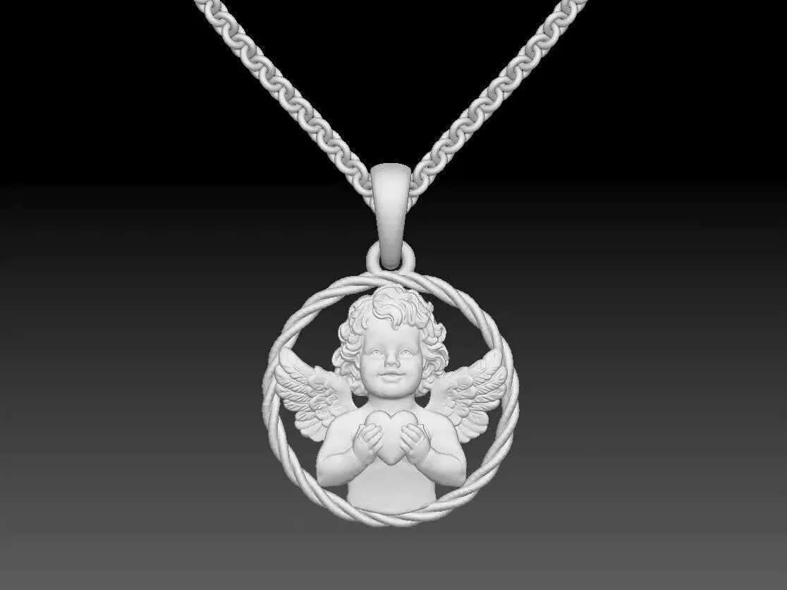 18K Gold Cherub Angel Pendant - Heart Open Medallion Rope 3D print model