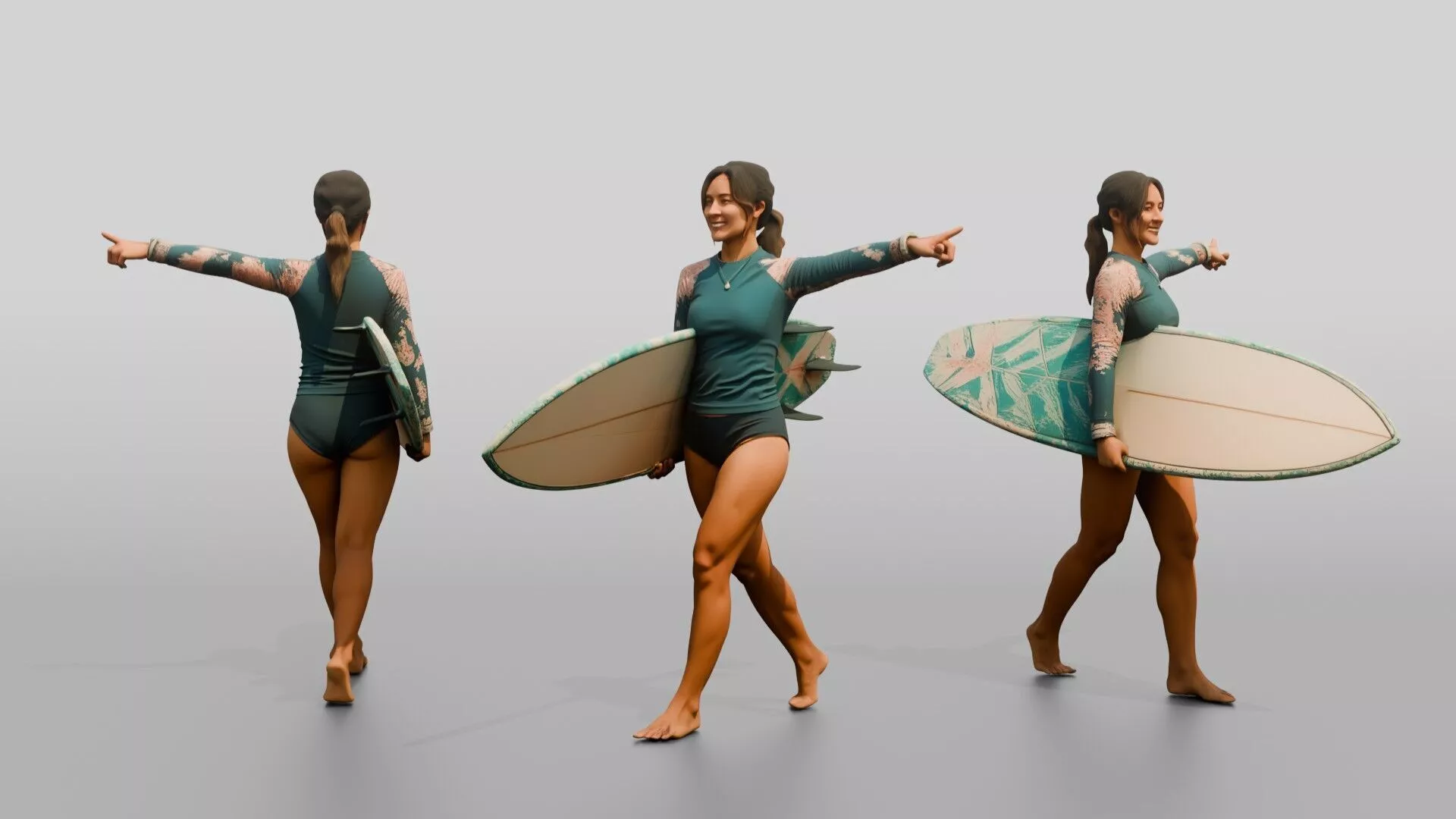Woman Carrying Surfboard Toward the Waves 3D model