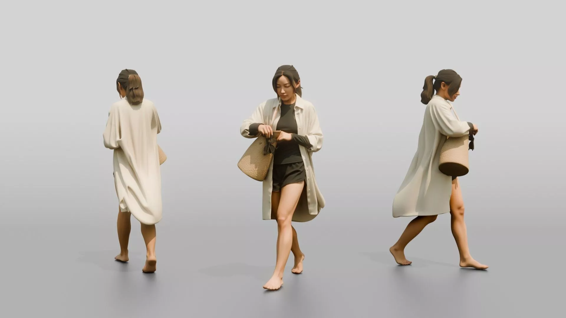 Woman Reaching Into Straw Beach Bag 3D model
