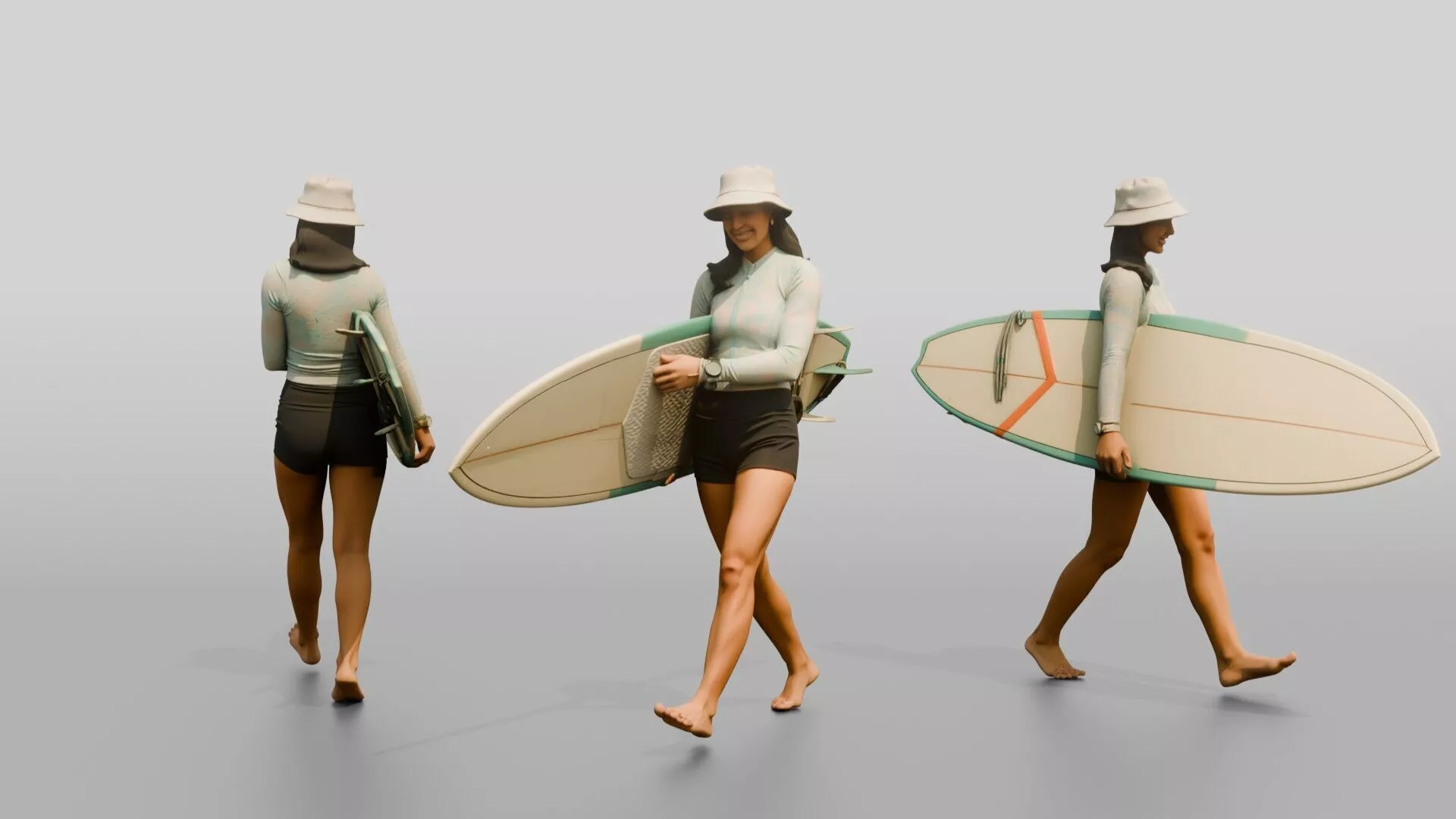 Woman Balancing Surfboard Adjusting Wax Grip 3D model