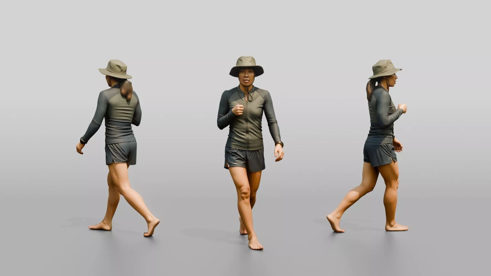 Woman Zipping Up Long-Sleeve Rashguard 3D model