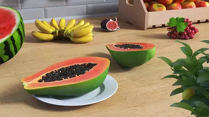Half Papaw Fruit Green 3D model 4