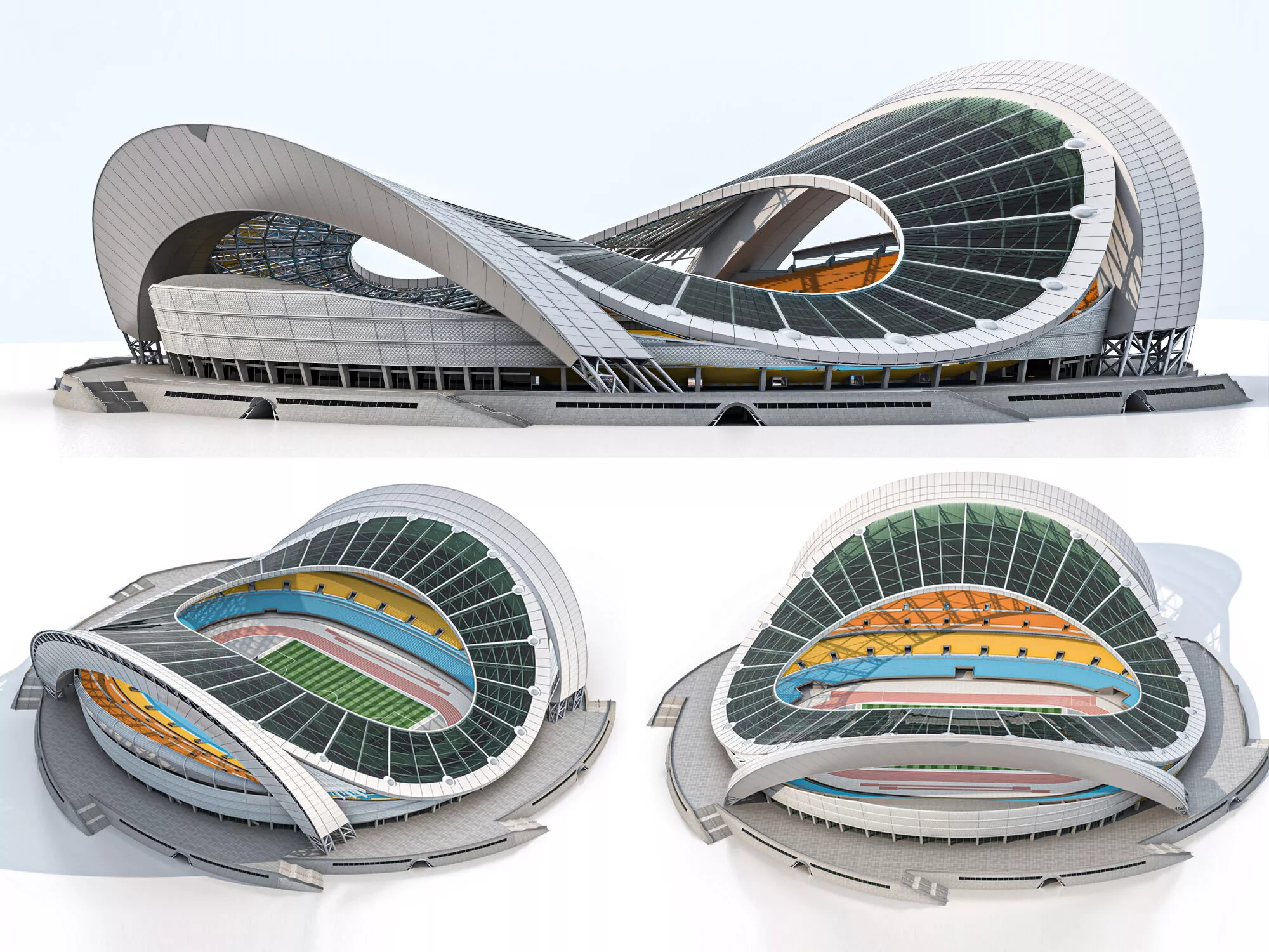 Futuristic curved roof sports stadium asset pack 3D model