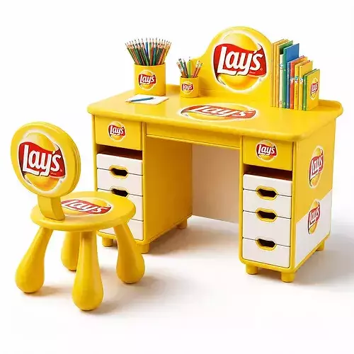 Colorful Lays Children Study Desk Set Cartoon Kids Furniture 3D model 3