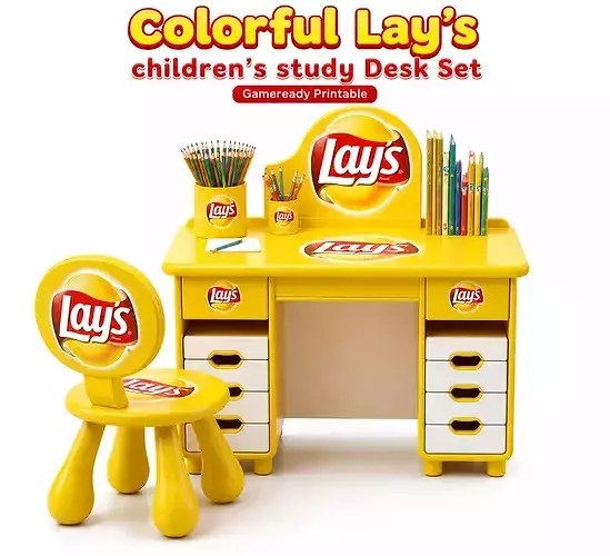 Colorful Lays Children Study Desk Set Cartoon Kids Furniture 3D model 4