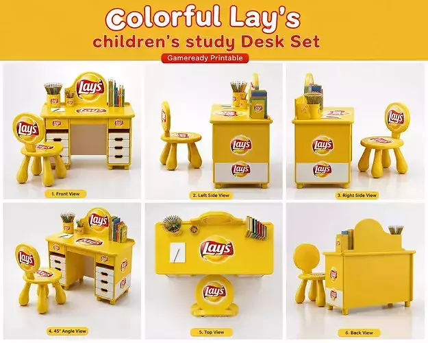 Colorful Lays Children Study Desk Set Cartoon Kids Furniture 3D model