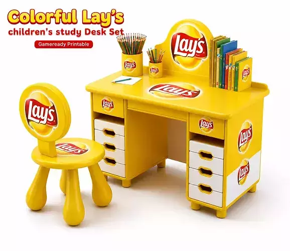 Colorful Lays Children Study Desk Set Cartoon Kids Furniture 3D model 7