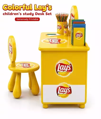 Colorful Lays Children Study Desk Set Cartoon Kids Furniture 3D model 5