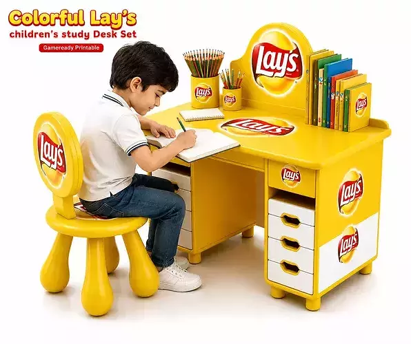 Colorful Lays Children Study Desk Set Cartoon Kids Furniture 3D model 2
