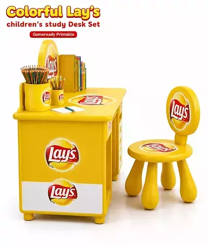 Colorful Lays Children Study Desk Set Cartoon Kids Furniture 3D model 6