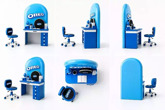 Oreo-themed Fantasy Blue Study Desk Setup Kids Gameready Print 3D model 4