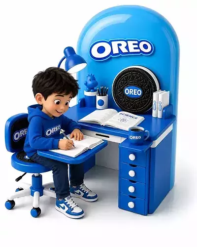 Oreo-themed Fantasy Blue Study Desk Setup Kids Gameready Print 3D model 2