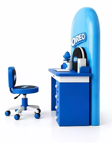 Oreo-themed Fantasy Blue Study Desk Setup Kids Gameready Print 3D model 5