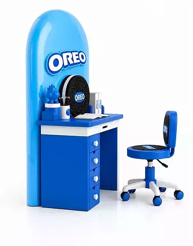 Oreo-themed Fantasy Blue Study Desk Setup Kids Gameready Print 3D model 6